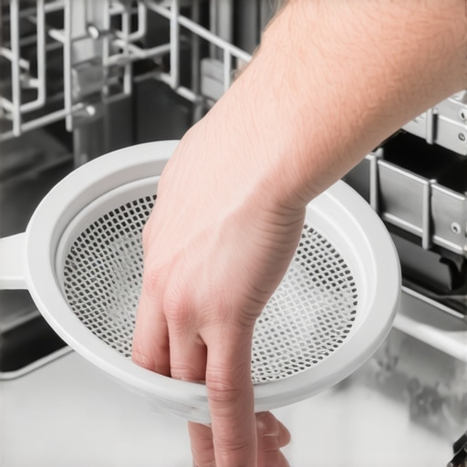 Cleaning a dishwasher filter A hand removing a filter from the bottom of a dishwasher for cleaning.