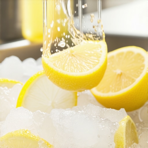 Cleaning a garbage disposal with ice and citrus Ice cubes and lemon peels being used to clean a kitchen garbage disposal naturally.