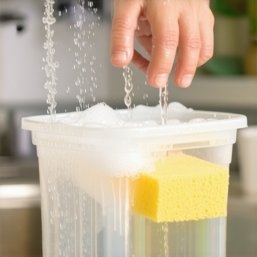 Cleaning a refrigerator ice bin in the sink Hands scrubbing a clear plastic ice bin with a sponge and soapy water