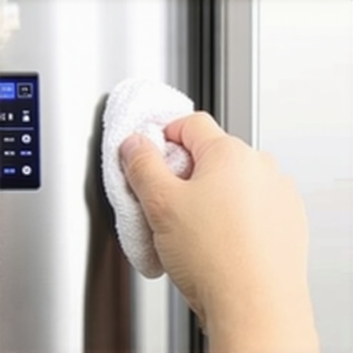 Cleaning a smart fridge screen correctly A person cleaning a smart refrigerator display with a microfiber cloth to prevent damage.