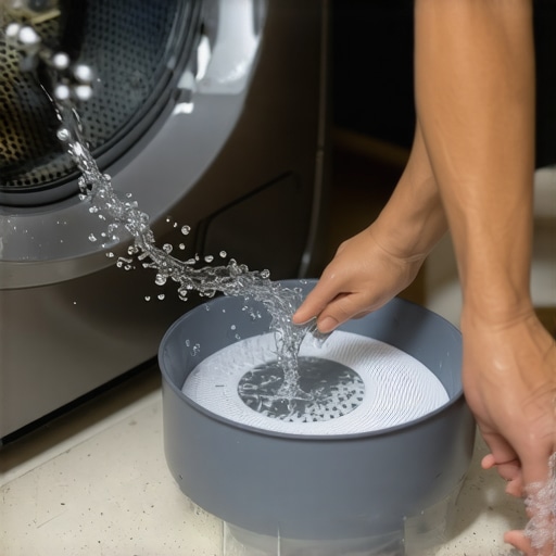 A homeowner maintenance task showing how to remove debris from a smart washing machine filter