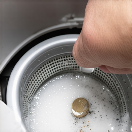 Cleaning a washing machine debris filter A person performing maintenance on a front-load washing machine by cleaning the debris filter.