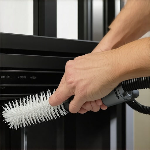 Cleaning dusty refrigerator condenser coils A person vacuums dust and pet hair off refrigerator condenser coils to stop the appliance from running constantly.