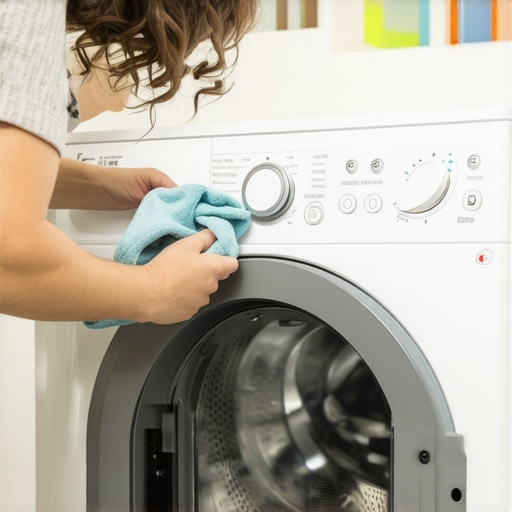 Cleaning front-load washer gasket in small closet An apartment owner wiping down the rubber seal of a compact washing machine inside a closet.