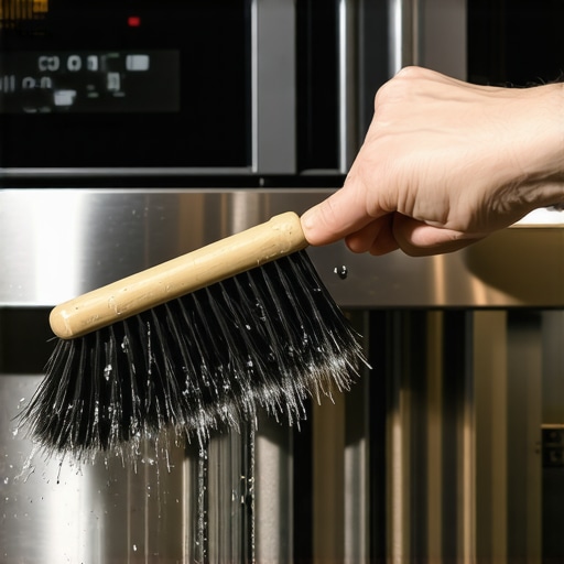 Cleaning pet hair from refrigerator coils A person scrubbing dust and fur off of refrigerator condenser coils with a specialized brush.