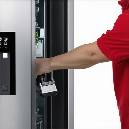 Cleaning refrigerator coils for better efficiency A person vacuuming dust from the bottom coils of a smart refrigerator to maintain cooling performance.