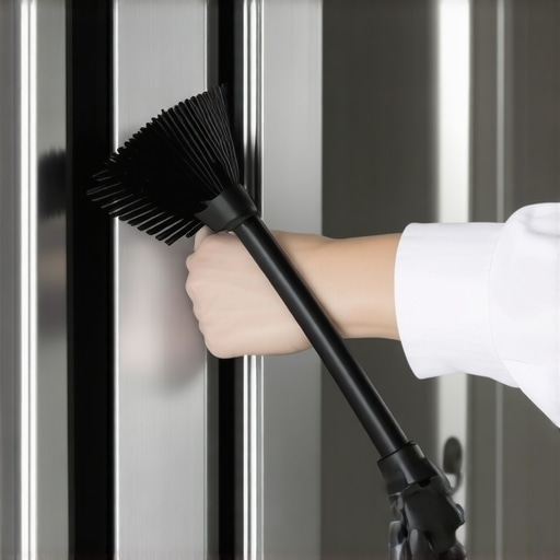 Cleaning refrigerator coils with a flexible brush Person using a coil brush on a refrigerator to improve efficiency