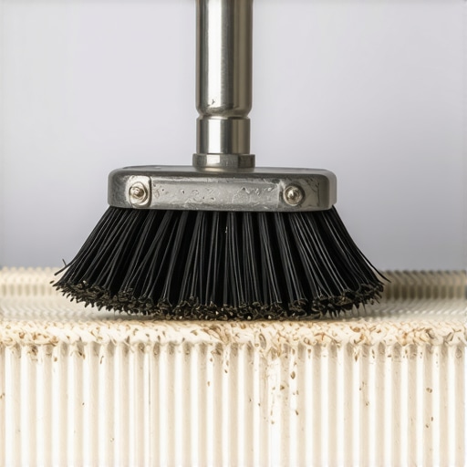 Cleaning refrigerator condenser coils for better efficiency A person using a coil brush to remove dust from the bottom of a refrigerator.