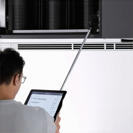 Cleaning refrigerator condenser coils for better efficiency Hands using a flexible brush to remove dust from the bottom coils of a smart refrigerator.