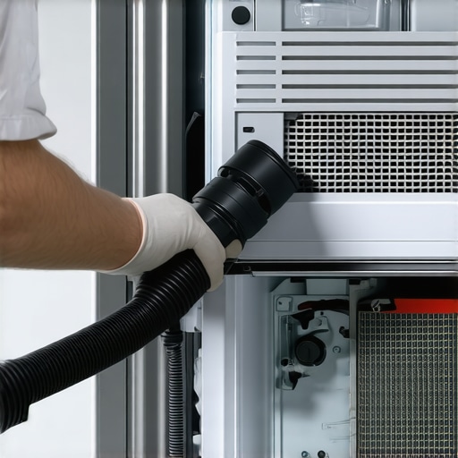 Cleaning refrigerator condenser coils for better efficiency Close up of a vacuum tool cleaning dust from the bottom of a smart refrigerator.