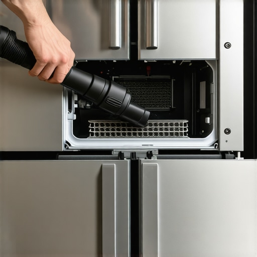 Cleaning refrigerator condenser coils for efficiency A homeowner vacuuming the bottom vent of a smart refrigerator to improve airflow and longevity.