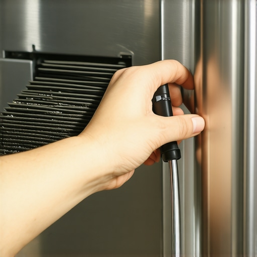 Cleaning refrigerator condenser coils with a flexible brush Manually cleaning dust from refrigerator coils to improve cooling efficiency and reduce noise