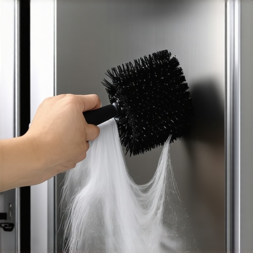 Cleaning refrigerator condenser coils with a flexible brush Close up of cleaning dust from refrigerator coils to improve energy efficiency