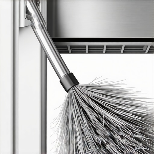 A flexible wire brush removing heavy dust buildup from under a refrigerator