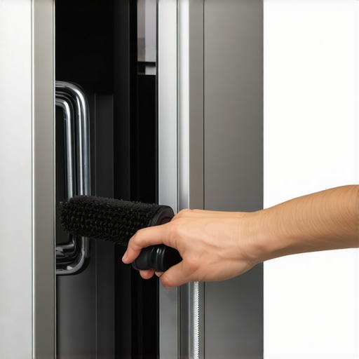 Cleaning refrigerator condenser coils with a specialized brush A person performing DIY maintenance on refrigerator coils to improve efficiency.