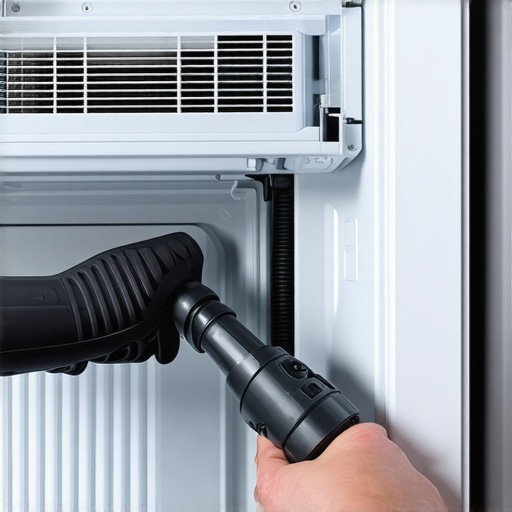 Cleaning refrigerator condenser coils with a vacuum A person vacuuming dust off refrigerator coils to improve efficiency.