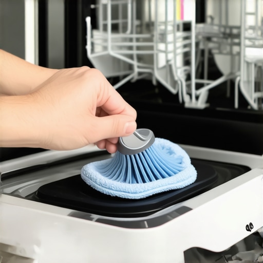 Close up of hands cleaning a dishwasher door seal to prevent mold and leaks.