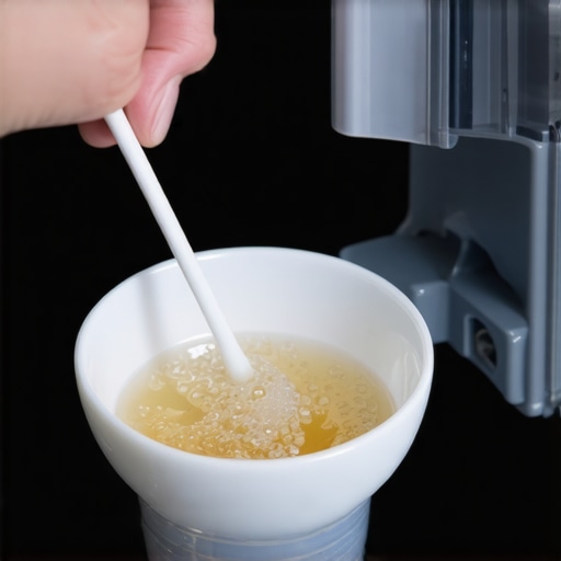 Cleaning the Dishwasher Latch with Vinegar A person cleaning a dishwasher detergent door latch with a Q-tip and vinegar to remove residue.