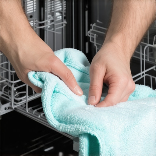 Close-up of cleaning a dishwasher door seal groove before installing a new gasket