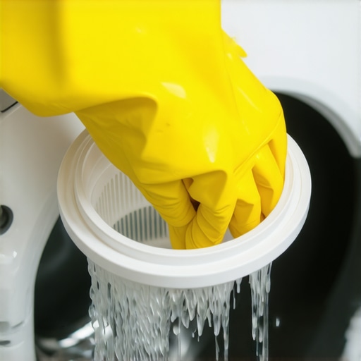 Cleaning the Drain Pump Filter of a Front-Load Washer Removing a dirty drain pump filter from a washing machine to prevent bad smells.