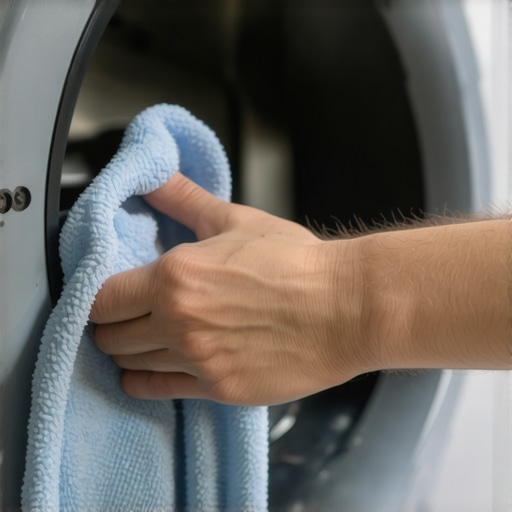 Cleaning the Washing Machine Door Gasket A homeowner wiping down the rubber seal of a front-load washing machine to prevent mold buildup.