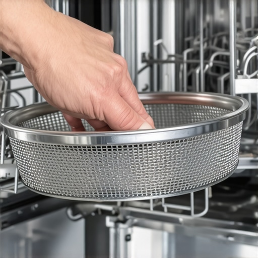 A hand pulling out a clogged dishwasher filter for maintenance