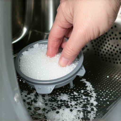 Cleaning the hidden debris filter in a smart washer A hand removing a clogged washing machine filter covered in grey sludge and lint.