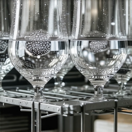 Clear glasses after rinse aid cycle Close-up of water sheeting off clean wine glasses in a dishwasher.