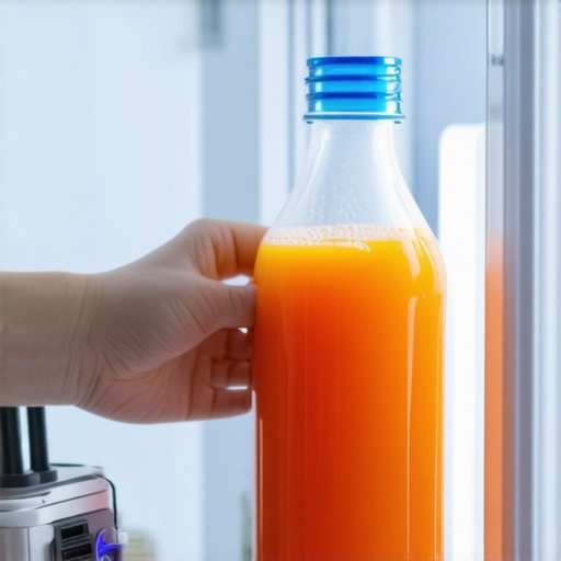 Clearing an obstruction from a smart fridge camera lens A hand moving a bottle to reveal the internal camera lens of a smart refrigerator for better visibility.