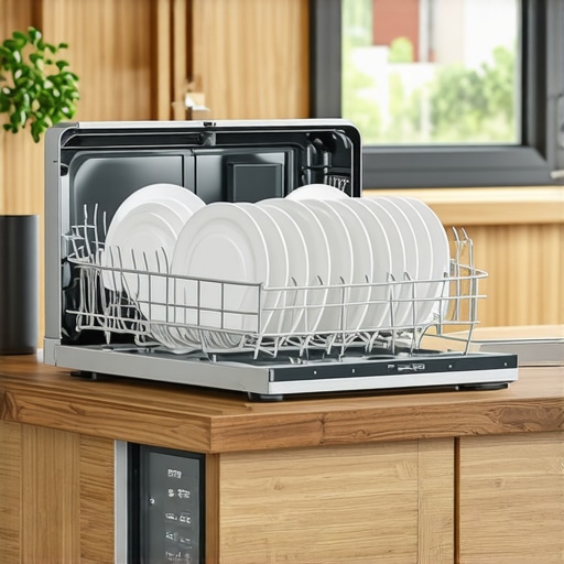 Close-up of a small countertop dishwasher showing effective water spray and dish placement.