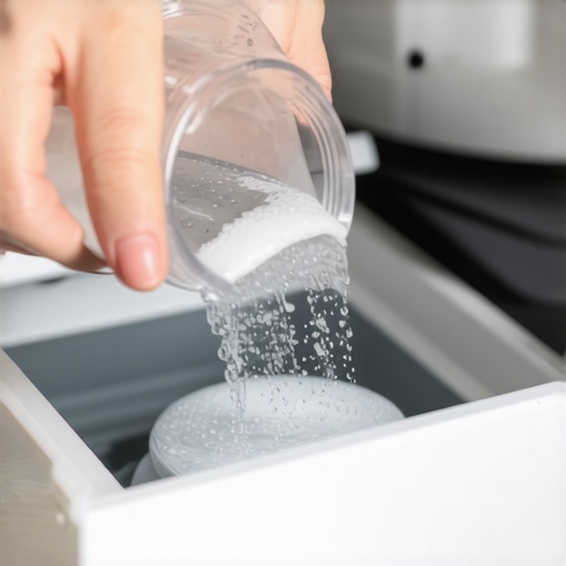 Correct Detergent Dosage for Smart Washers Close up of person measuring small amount of detergent for high efficiency washing machine