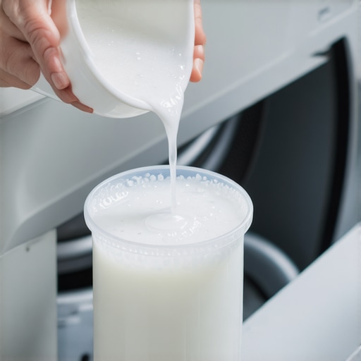 Correct Detergent Dosing for HE Washers Close up of pouring liquid detergent into a washing machine drawer correctly