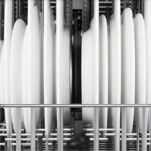 Correct Dishwasher Loading Geometry Close up of dishwasher rack showing properly angled dishes for maximum water exposure
