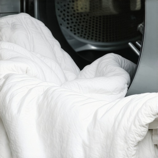 Correct Loading for Heavy Bedding Top-down view of a comforter arranged in a circle inside a washing machine drum.