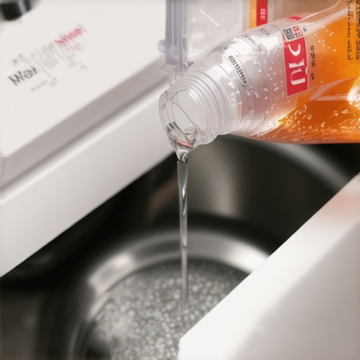 Correct detergent levels for HE washers Close-up of pouring a small amount of liquid detergent into a washing machine drawer to avoid over-sudsing.