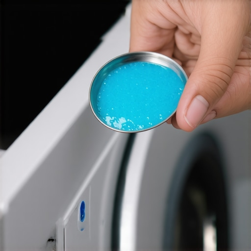 A tablespoon of blue laundry detergent being poured into a washing machine drawer