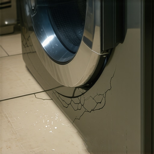 Damaged Rubber Appliance Seal Close-up of a cracked rubber gasket on a washing machine door causing a leak.