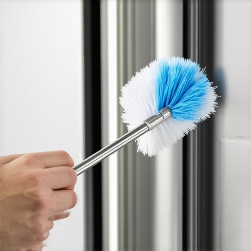 A person cleaning the dust off refrigerator condenser coils using a specialized maintenance tool.