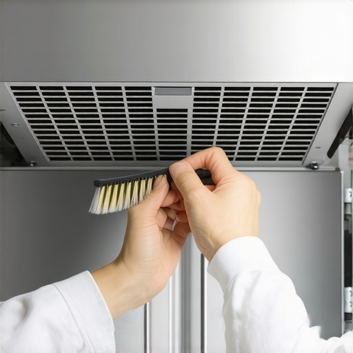 Deep Cleaning Refrigerator Condenser Coils Person using a coil brush to clean a refrigerator for better efficiency.
