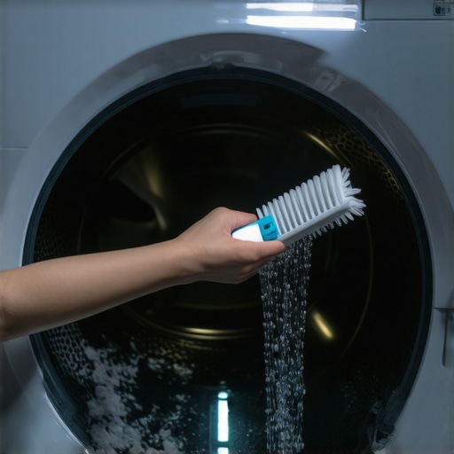 Deep Cleaning the Front Load Washer Filter Hands cleaning a dirty washing machine filter with a flexible brush tool.