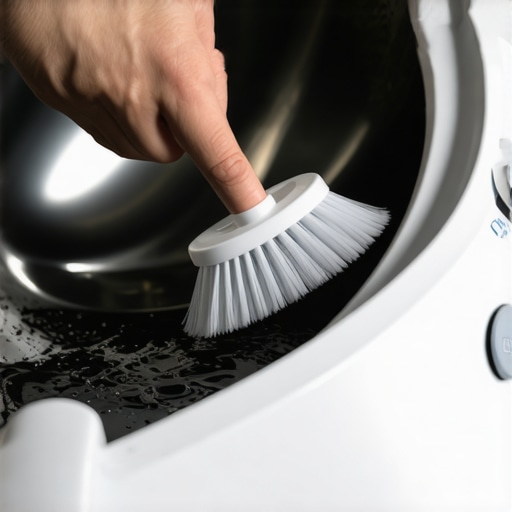 Deep Cleaning the Washer Drawer Housing Close-up of cleaning a washing machine detergent drawer cavity with a specialized brush