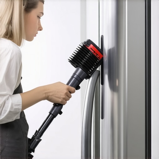 Deep cleaning refrigerator condenser coils with a specialized brush A person using a brush and vacuum to clean dust from underneath a refrigerator for maintenance.