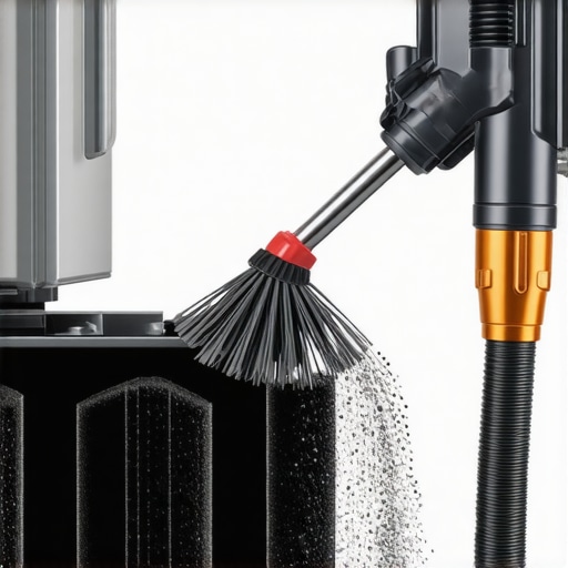 A person using a specialized brush to clean dust from refrigerator coils.