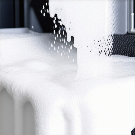 Close-up of excess soap suds spilling out of a high-efficiency washing machine dispenser.