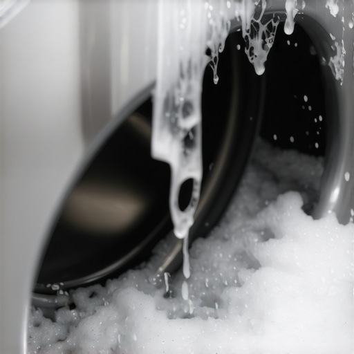 Close-up of detergent buildup and soap scum in a washing machine drawer.