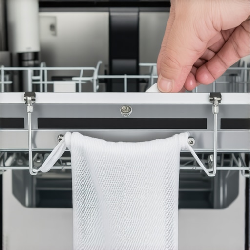 Dishwasher Maintenance and Filter Cleaning Close-up of a person cleaning a dishwasher mesh filter to prevent grit and biofilm build-up.
