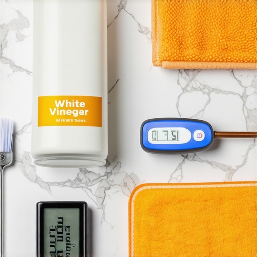 A collection of simple tools for maintaining dishwashers and refrigerators including vinegar and a thermometer.