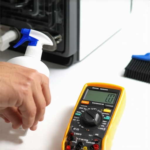 Essential Tools for Appliance Maintenance Hands testing a dishwasher with a digital multimeter next to cleaning tools.