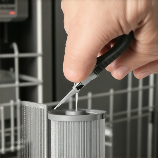 Hand using needle-nose pliers to clear a dishwasher spray arm nozzle