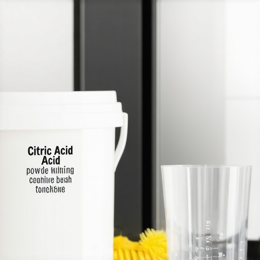 Essential Tools for Dishwasher Scale Maintenance Citric acid powder and cleaning brush on a kitchen counter next to a dishwasher